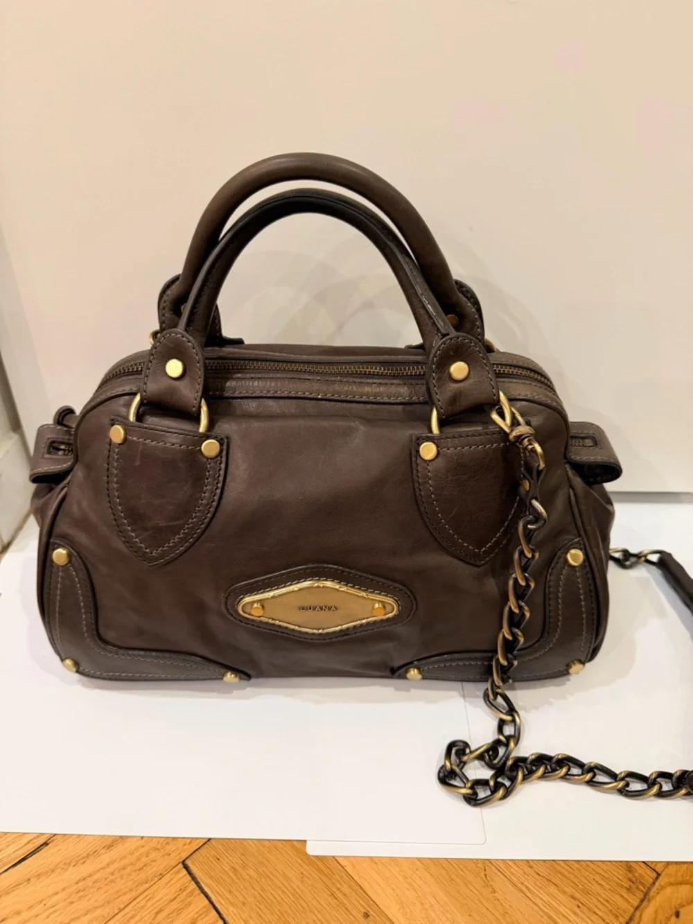 Luana Italian Leather Satchel Dark Olive Brown Chain Strap Top Handle